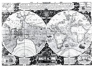 Carte du monde; Vera Totius Expeditionis Nauticae, cartographiant la circumnavigation du globe par (à gauche) Sir Francis Drake (1540-96) et (à droite) Thomas Cavendish (1560-92) c.1595